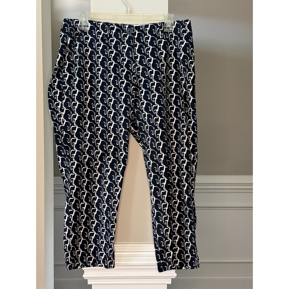 Crown and Ivy Womens Capri Pants Navy Blue & White Elephant Print Sz 10